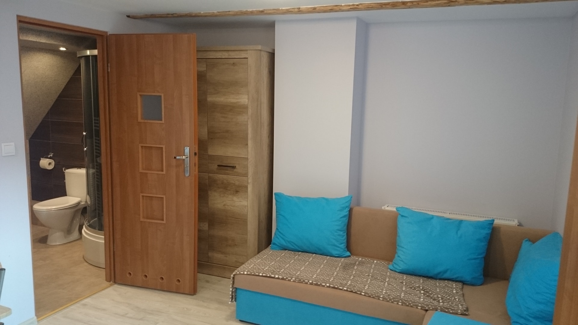 Sofa, szafa i wejście do łazienki w Apartamencie nr 3